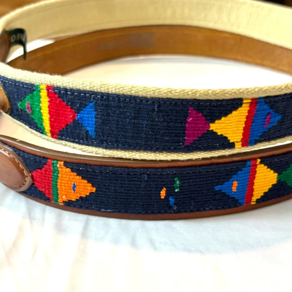 Orvis Brown Leather & Navy Embroidered Fish Belts BUNDLE OF 2 TOTAL